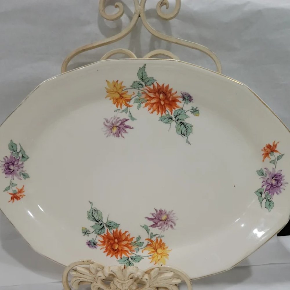 Retro Americana Turkey Platter Large Size 11" x 15" Chrysanthemus Flowers Yellow